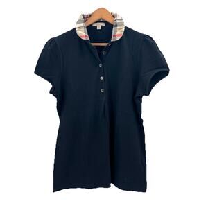 Burberry Brit Black & Nova Check Collar Short Sleeve Top Womens Size XL